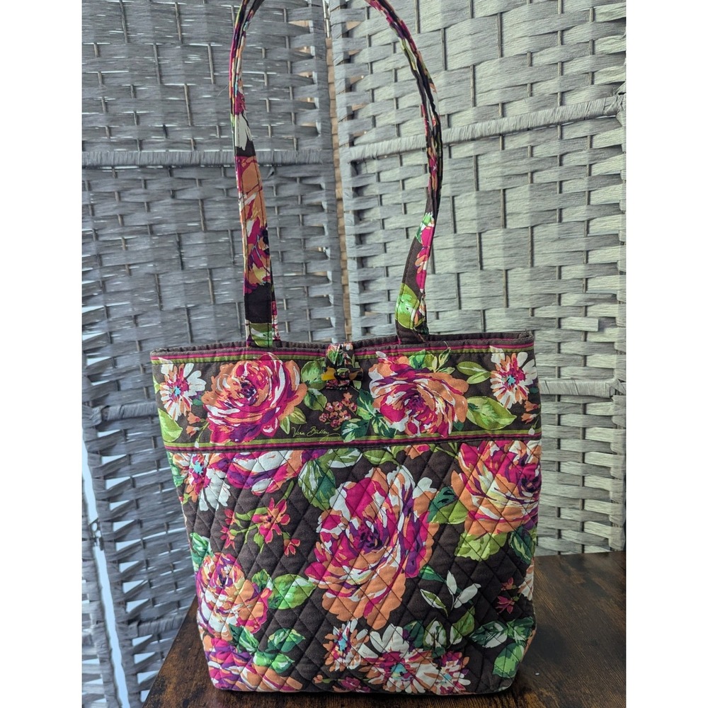Vera Bradley Tote Bag Brown Floral English Garden Quilted Shoulder Bag Toggle